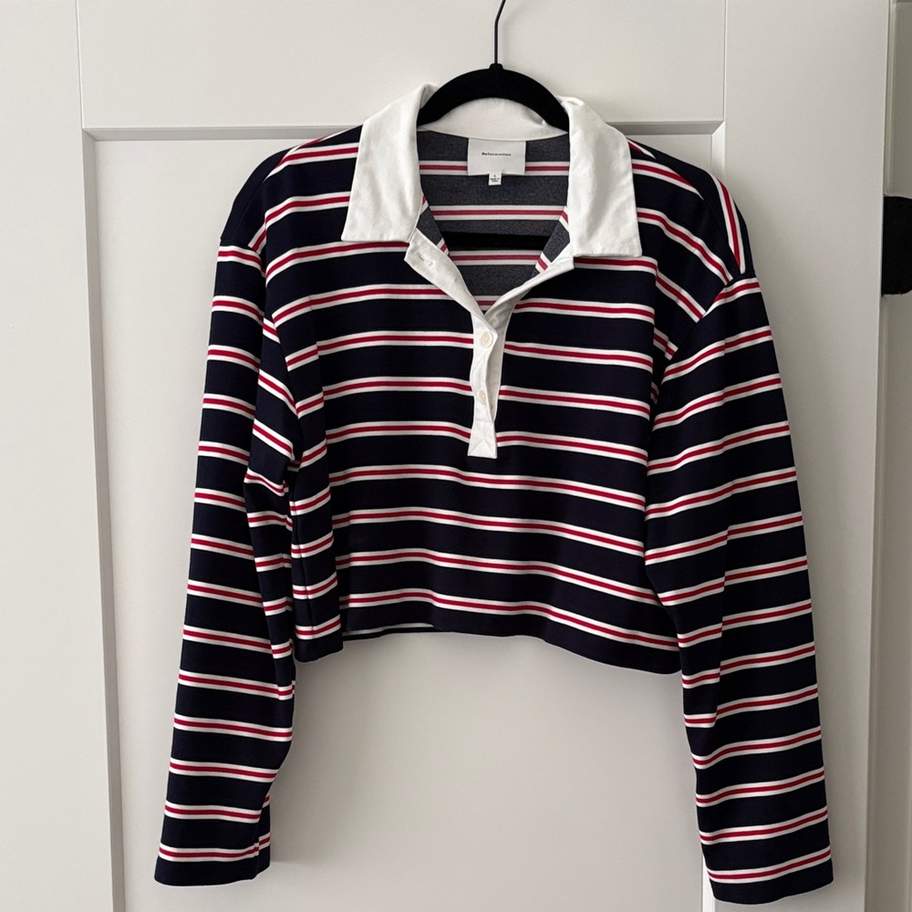 NWOT Reformation Anna Cropped Navy Striped Rugby Top Sz Large